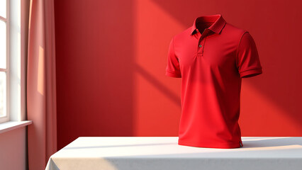 vibrant red polo shirt proudly displayed crisp white tablecloth bold solid red wall contrasting strikingly natural