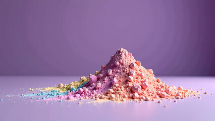 vibrant pastel rainbow powder spills across deep purple background gentle hues blending seamlessly rich velvet tones soft