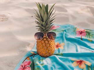 Pineapple with Sunglasses on a Beach Towel Ready for Summer