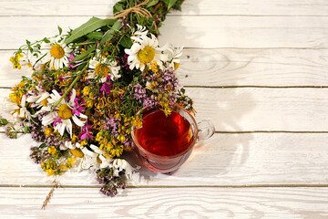 Medicinal herbal tea or infusion with medicinal herbs, the concept of alternative folk medicine,...