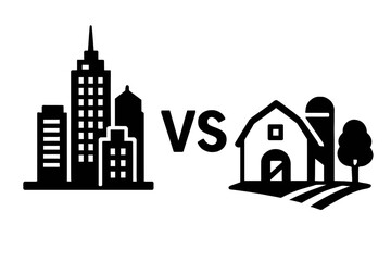 Fototapeta premium City vs Countryside Silhouette Vector Icon – Black and White Comparison of Urban Skyscrapers and Rural Barnhouse Scene with Tree and Silo, Highlighting Contrasting Lifestyles and Landscapes 