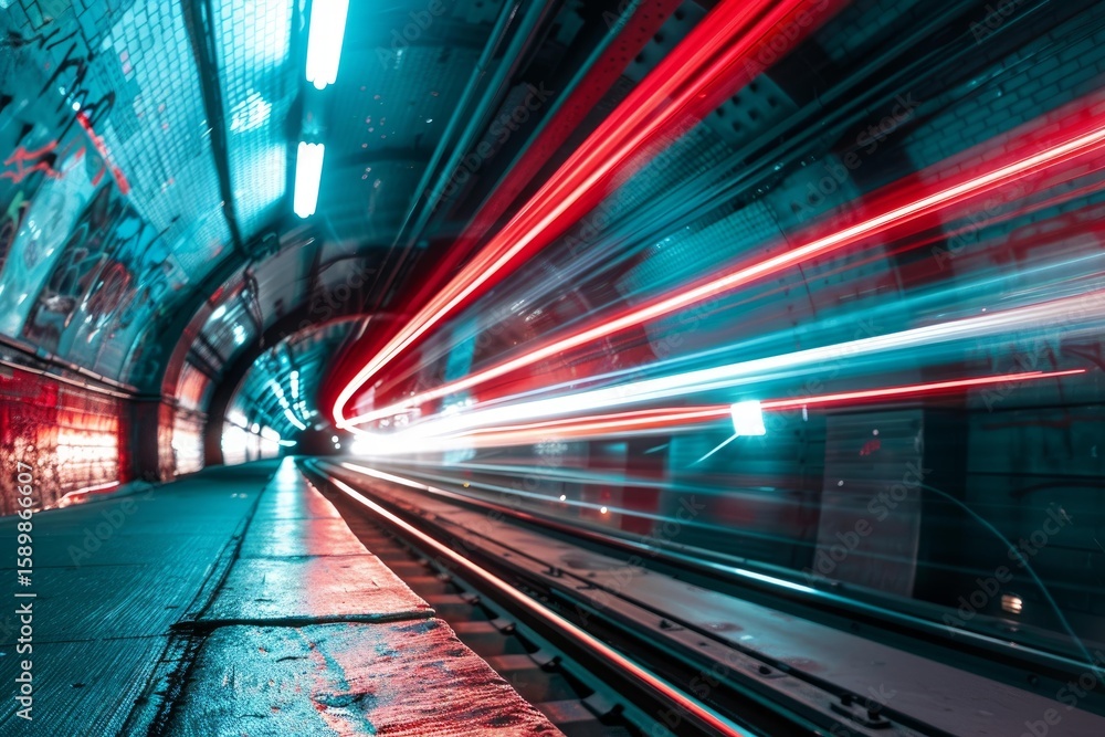 Poster long exposure of a fast moving subway train creating red and white light trails in a dark tunnel