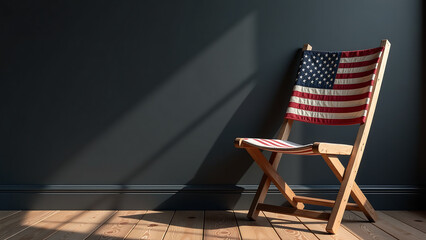 folding chair intricate american flag embroidery leans sleek black wall worn wooden frame subtly