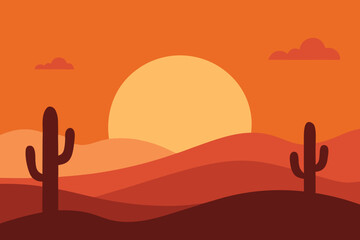 Vibrant desert landscape at sunset with silhouetted saguaro cacti and rolling hills