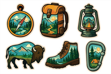 Outdoor Vintage Hiking Equipment and Wilderness Scene Illustration Set, for Stickers, Patches & Adventure Designs

