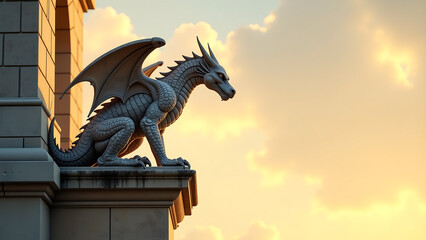 weathered gray stone gargoyle dragon perches atop worn limestone building facade set warm golden morning sky soft sunlight