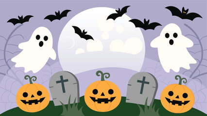 Illustration of halloween scene with pumpkins ghosts bats tombstones and a full moon in the background