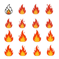 Sixteen dynamic flame shapes are rendered in this fiery collection, perfect for logo design, website graphics, or thematic visuals about heat and energy.