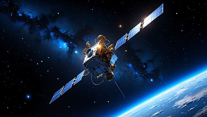 Naklejka premium Advanced Telecommunications Satellite Navigating the Vast Expanse of Deep Space Above Earth