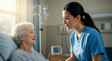 Fototapeta premium Caring Nurse Comforting an Elderly Patient in a Hospital Room 
