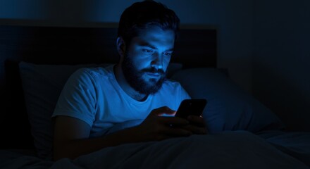 Man Using Smartphone in Bed at Night
