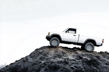White pickup truck climbing a rocky hill in an off-road adventure, showcasing rugged terrain