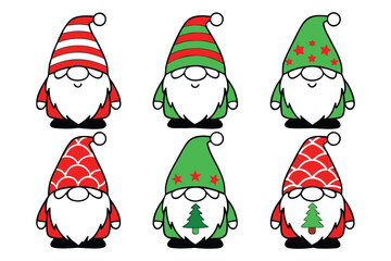 Six Colorful Christmas Gnomes Vector Illustration Red Green Striped Hats Scallop Pattern Stars Christmas Tree