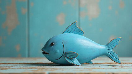 whimsical blue wooden fish sculpture sits serenely atop weathered distressed rustic background surrounded soft warm natural light