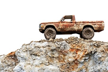 Old rusty pickup truck on a dirt mound against white background for car concepts