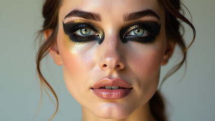 woman face fills frame adorned intricate gold black makeup illuminated soft natural light porcelain skin