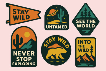 Vintage Wilderness Badge Set, Retro Adventure, Hiking, Camping, and Outdoor Explore Illustrations. Perfect for stickers, patches, t-shirts, and other designs.