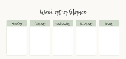 A minimal and elegant weekly planner template featuring five columns labeled Monday through Friday, designed for organizing tasks at a glance.