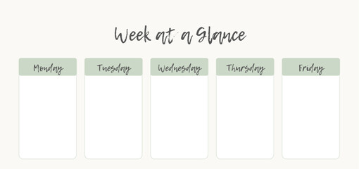 A minimal and elegant weekly planner template featuring five columns labeled Monday through Friday, designed for organizing tasks at a glance.