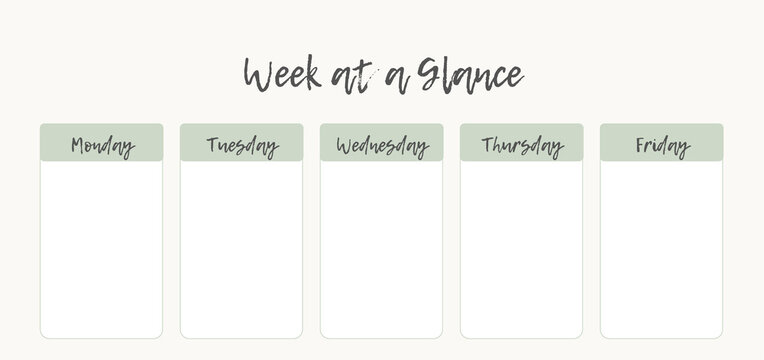 A minimal and elegant weekly planner template featuring five columns labeled Monday through Friday, designed for organizing tasks at a glance. - Powered by Adobe