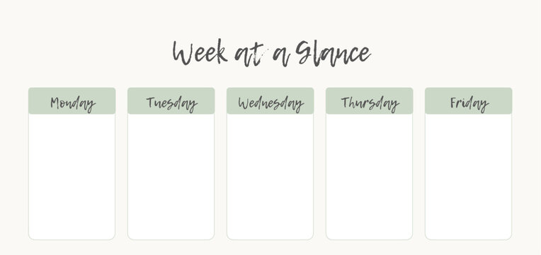 A minimal and elegant weekly planner template featuring five columns labeled Monday through Friday, designed for organizing tasks at a glance.