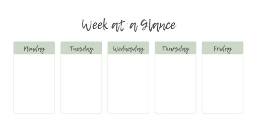 A minimal and elegant weekly planner template featuring five columns labeled Monday through Friday, designed for organizing tasks at a glance.
