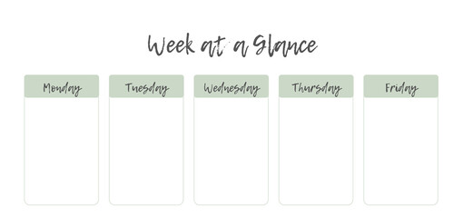 A minimal and elegant weekly planner template featuring five columns labeled Monday through Friday, designed for organizing tasks at a glance.