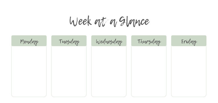 A minimal and elegant weekly planner template featuring five columns labeled Monday through Friday, designed for organizing tasks at a glance.