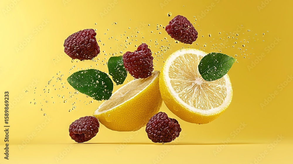 Poster a lemon and raspberry halved with a splash of water on top of the entire lemon