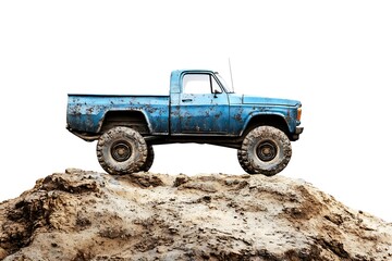Rugged Blue Pickup Truck on Mud Hill Isolated on White Background for Off-Road Adventure