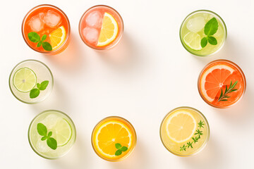 Refreshing summer cocktails drinks with citrus fruits and ice top view