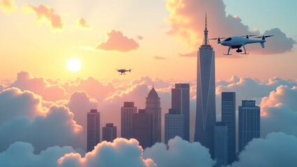 aerial view cityscape dawn featuring sleek skyscrapers hovering paper art helicopters drones amidst wispy clouds set