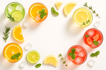 Refreshing summer cocktails with citrus fruit and ice top view flat lay