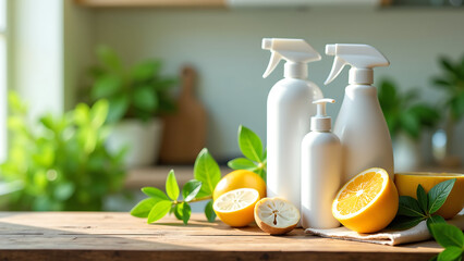 soft focus cleaning products arranged artfully reclaimed wood surface amidst lush greenery natural light illuminates
