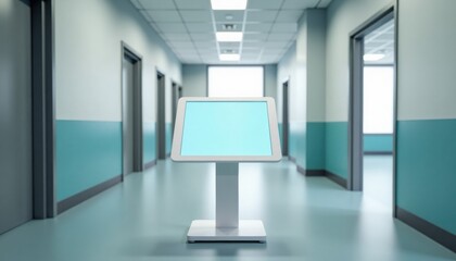 Digital information kiosk in modern hospital corridor with teal accents  