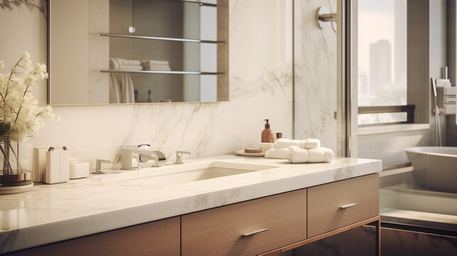 A modern bathroom with marble countertops and a vanity with a sink and a mirror above it and a bathtub - Powered by Adobe