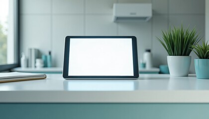 Fototapeta premium Modern tablet placed on kitchen countertop with plants and natural light 