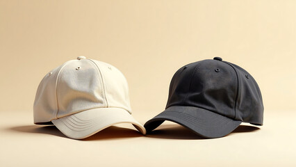 two worn beige baseball caps sit side side soft background subtly contrasting darker sleeker black cap
