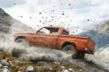 Off-road pickup truck driving through rugged mountain terrain with dust and rock debris flying
