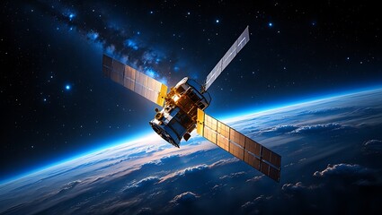 Fototapeta premium Advanced Satellite Technology Orbiting Planet Earth with Solar Panels Gleaming in Cosmic Light