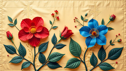 vibrant red blue florals intricately embroidered onto textured fabric showcasing delicate petals leaves warm golden