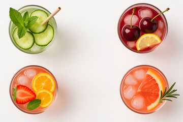 Refreshing summer drinks cocktails infused water fruit drinks flat lay top