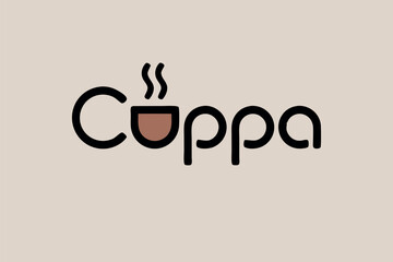Minimalist 'cuppa' coffee shop logo with steaming cup, modern typography and warm brown palette