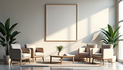 Modern living room with empty frame and indoor plants in sunlight  