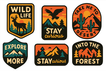 Obraz premium Wildlife and Nature Badge Set, Retro Adventure Patches with Desert, Forest, Mountains, Eagle, Deer & Outdoor Slogans, Perfect for Stickers, Patches, T-Shirts and Travel-Themed Designs