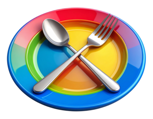  3D Render of Colorful Plate with Fork and Spoon Crossed Over, Front View, Glossy Finish, Isolated