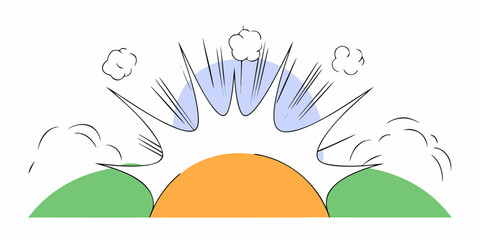 Sunrise landscape vector illustration with mountains clouds and sun rays drawing for design 100