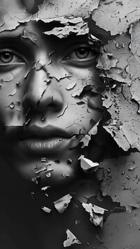 Artistic representation of a woman taking off cracked makeup, revealing her true self underneath