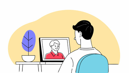 Illustration of online meeting video call conference on laptop for remote work and communication at home