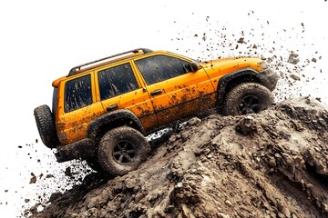 Yellow off-road vehicle climbing a mud hill with dirt splashing in a dynamic outdoor scene